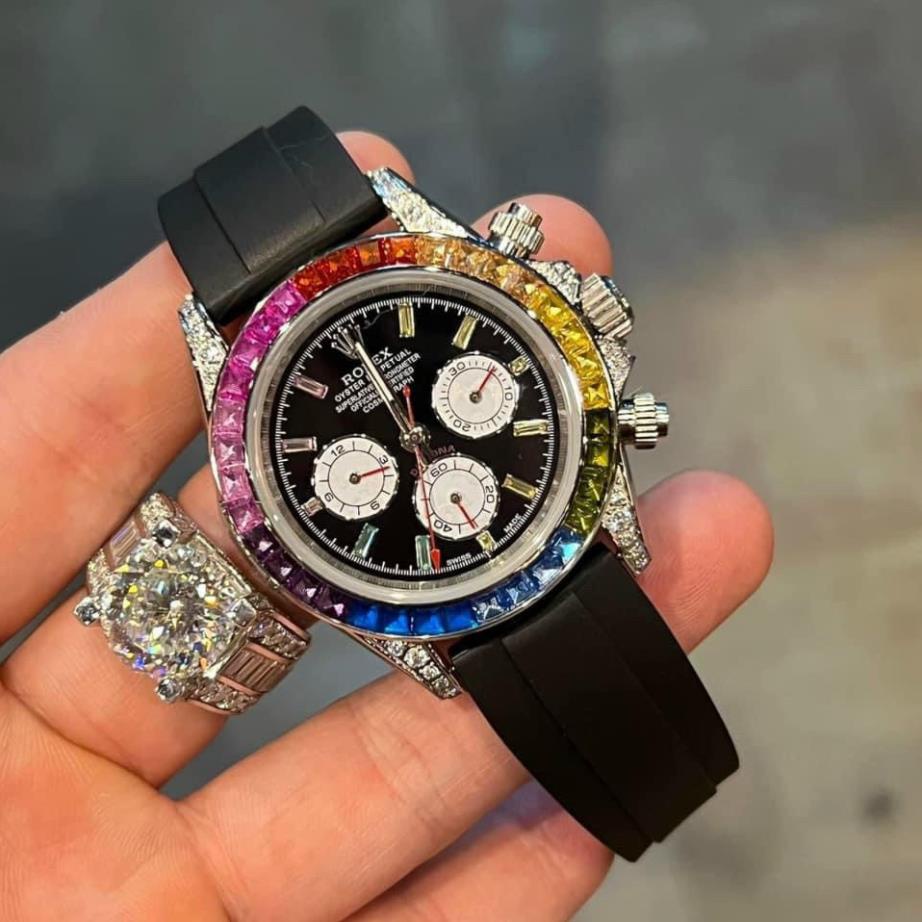 Đồng hồ Nam Rolex dây cao su vành đá tai đá màu số gạch máy nhật dòng cơ Automatic size 40mm