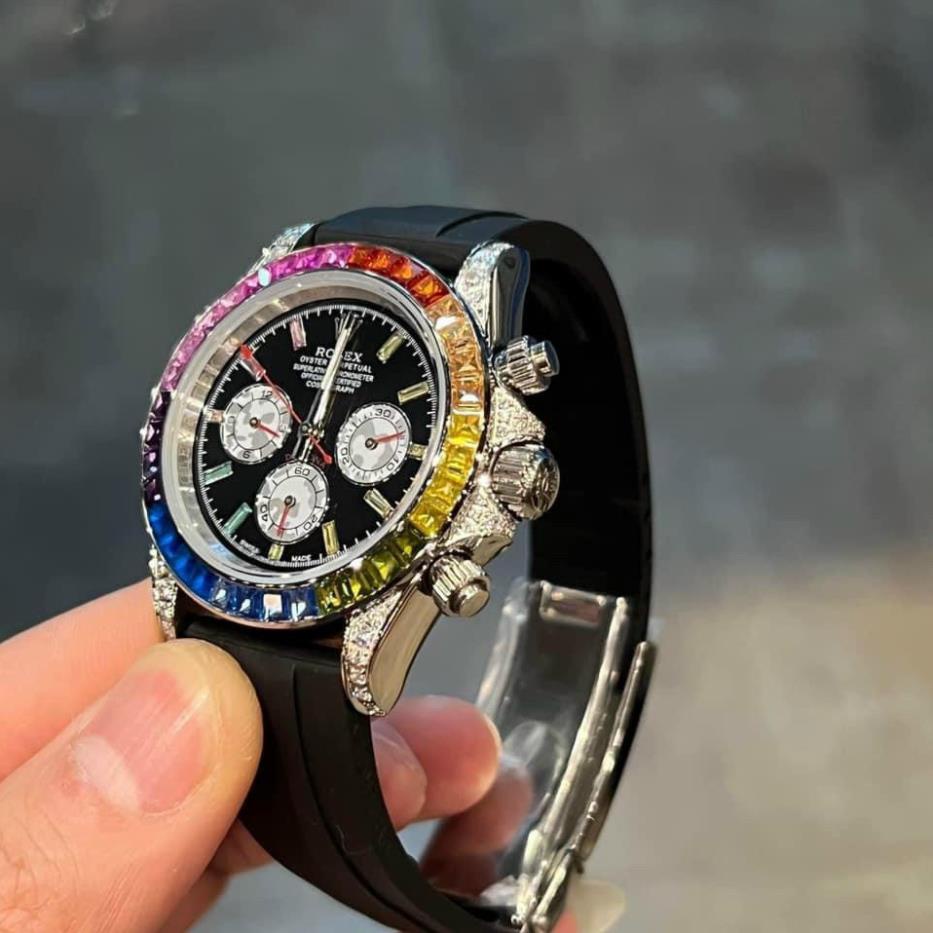 Đồng hồ Nam Rolex dây cao su vành đá tai đá màu số gạch máy nhật dòng cơ Automatic size 40mm