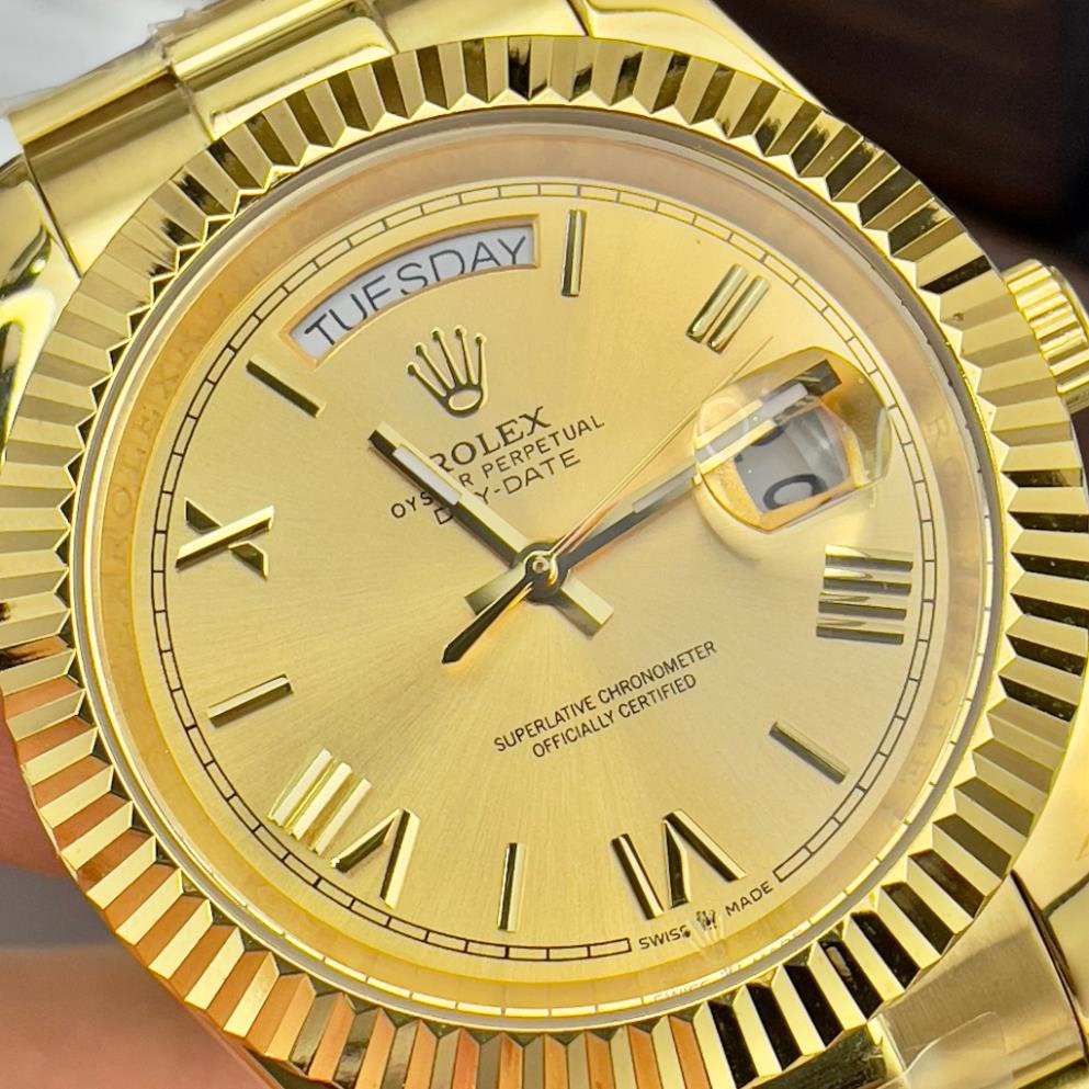 Đồng hồ Nam Rolex vành băm day date máy nhật mặt vàng gold số la mã 42mm dòng cơ Automatic