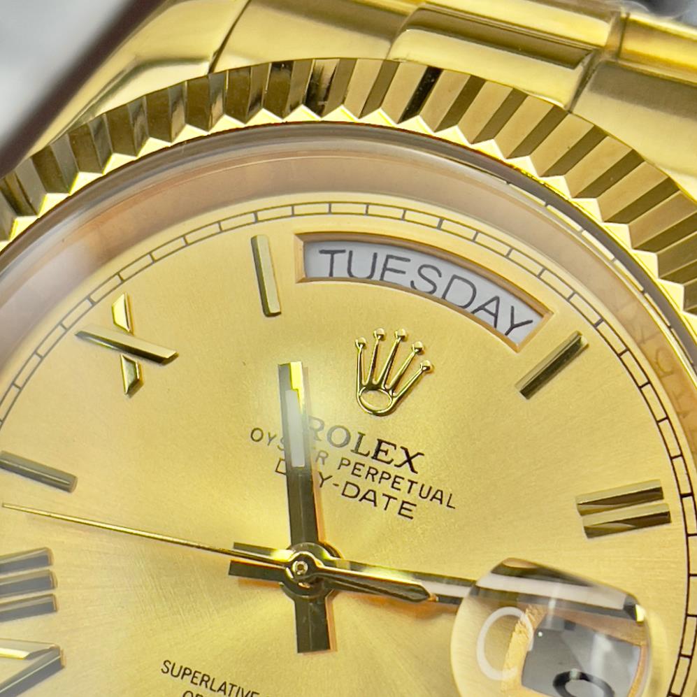 Đồng hồ Nam Rolex vành băm day date máy nhật mặt vàng gold số la mã 42mm dòng cơ Automatic