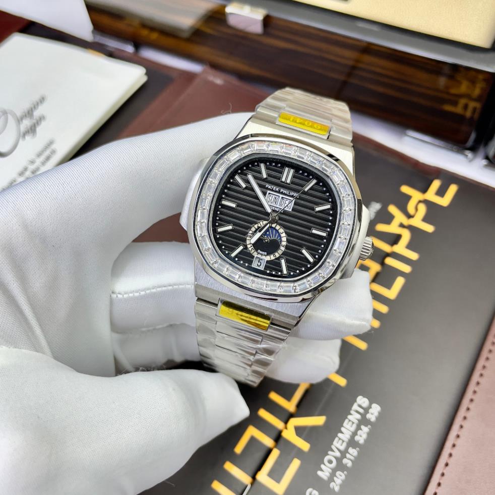Đồng hồ Nam Ptx vuông trăng sao màu xám vành đá vuông size 40-41mm có lịch date month, kim dạ quang dây kim loại