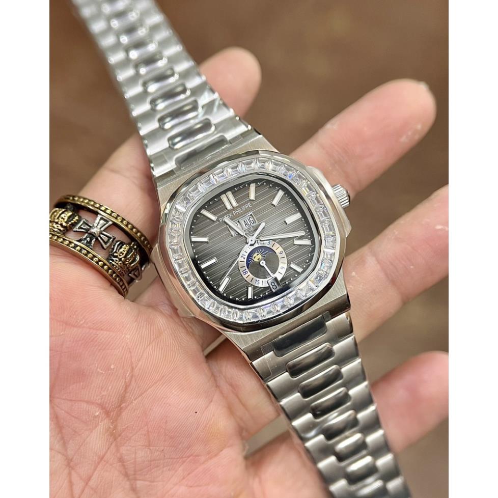 Đồng hồ Nam Ptx vuông trăng sao màu xám vành đá vuông size 40-41mm có lịch date month, kim dạ quang dây kim loại