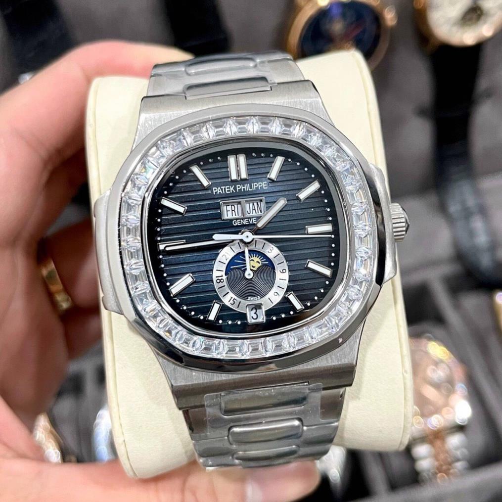 Đồng hồ Nam Ptx vuông trăng sao màu xám vành đá vuông size 40-41mm có lịch date month, kim dạ quang dây kim loại
