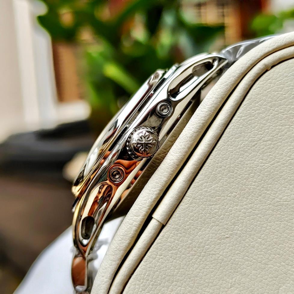 Đồng hồ Nam PT 6kim day mặt xanh lá dây kim loại vỏ trắng máy nhật dòng cơ Automatic size 40mm trăng sao