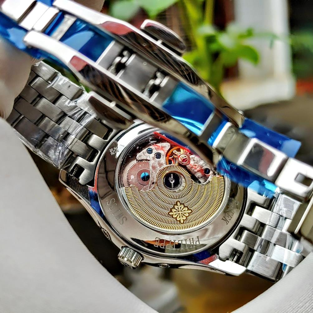 Đồng hồ Nam PT 6kim day mặt xanh lá dây kim loại vỏ trắng máy nhật dòng cơ Automatic size 40mm trăng sao