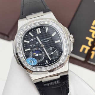 Đồng hồ Nam PT vuông vành đá 6kim thứ ngày tháng mặt đen vỏ trắng vành máy nhật dòng cơ Automatic 40mm dây da