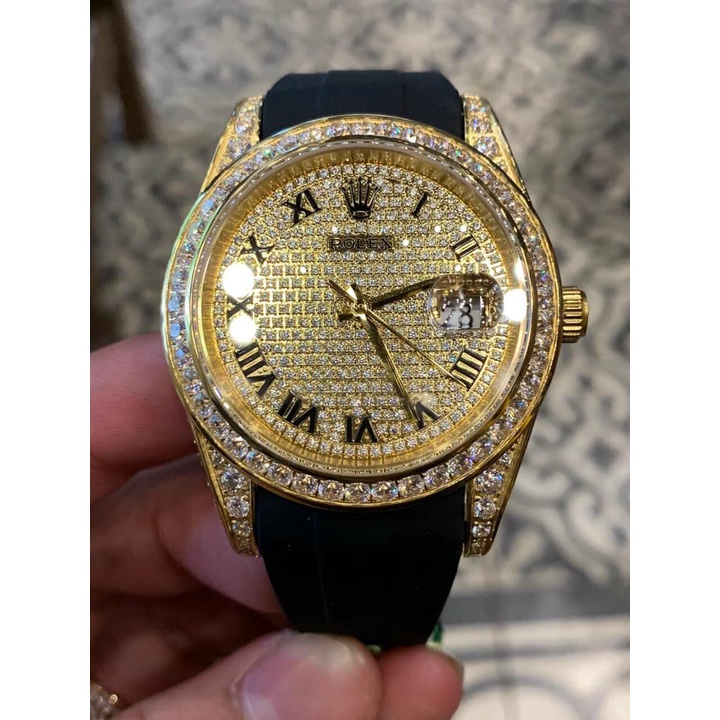 Đồng hồ Nam Rolex dây cao su máy nhật dòng cơ Automatic mặt đá vàng vành đá vỏ vàng rực rỡ size 40mm