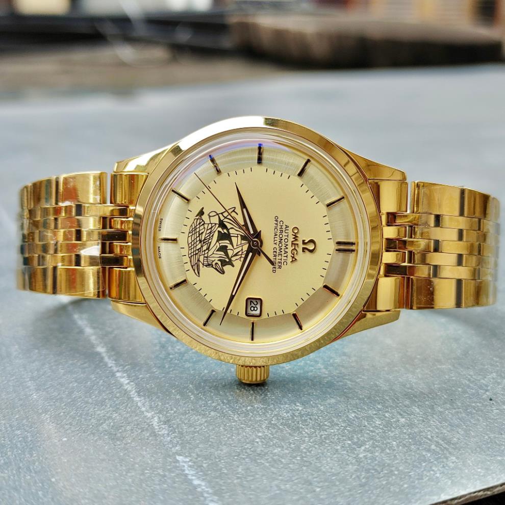 Đồng hồ Nam Omg bát quái  vỏ vàng ta mặt trắng dòng cơ Automatic size 40mm kim loại