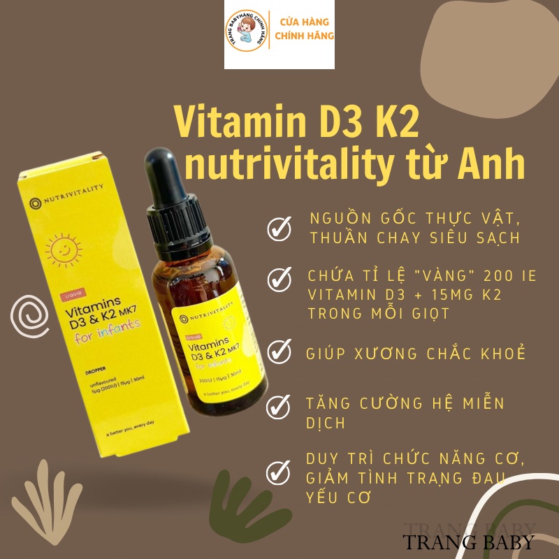 Vitamin D3 K2 MK7 nutrivitality 15mg 30ml tăng chiều cao cho bé của Anh Quốc