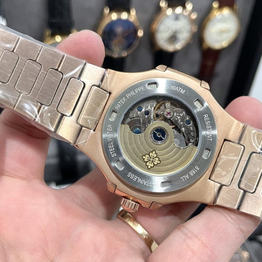 Đồng hồ Nam Ptx vuông vành đá vuông trăng sao màu nâu cafe dây kim loại size 40-41mm có lịch date month, kim dạ quang