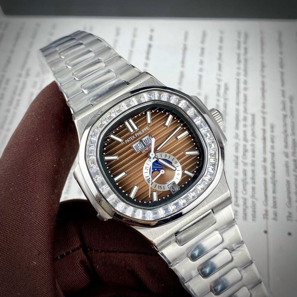 Đồng hồ Nam Ptx vuông vành đá vuông trăng sao màu nâu cafe dây kim loại size 40-41mm có lịch date month, kim dạ quang