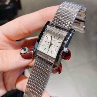 Đồng hồ Nữ Guess chữ nhật vành đá chạy pin máy nhật vỏ trắng 29 mm dây lụa