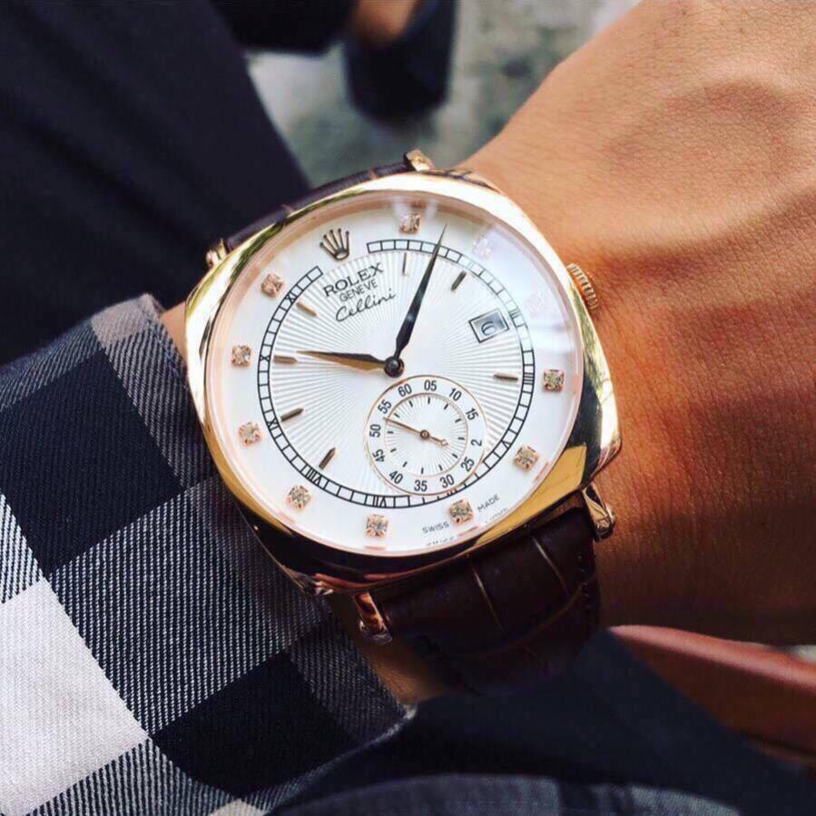 Đồng hồ Nam Rolex vuông cơ automatic  dây da đẹp size 40-41 vỏ vàng mặt trắng