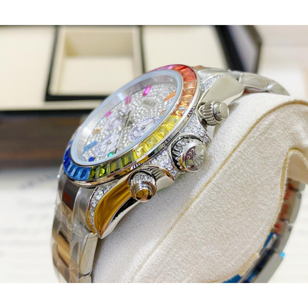 Đồng hồ Nam Rolex 6kim vành đá màu mặt đá chạy cơ máy nhật số gạch đá màu 40mm dòng cơ Automatic vỏ trắng