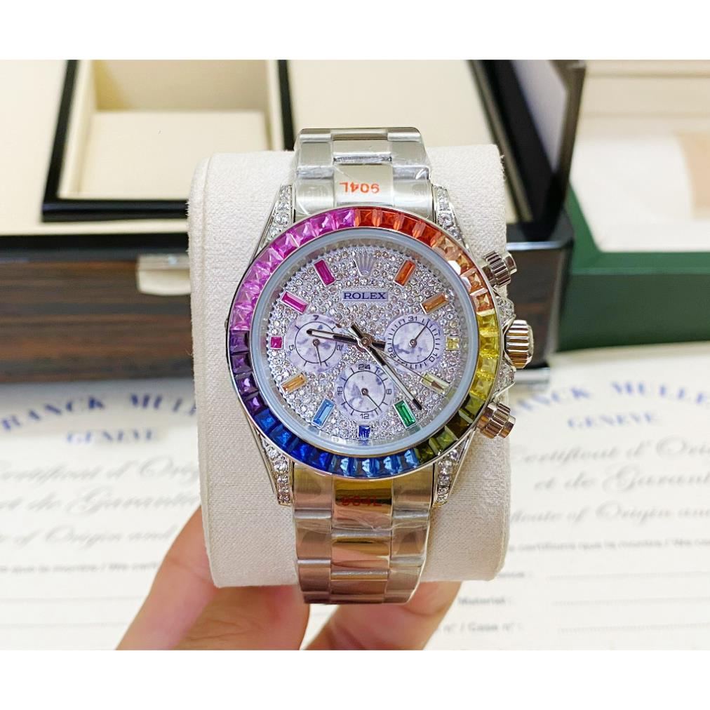 Đồng hồ Nam Rolex 6kim vành đá màu mặt đá chạy cơ máy nhật số gạch đá màu 40mm dòng cơ Automatic vỏ trắng