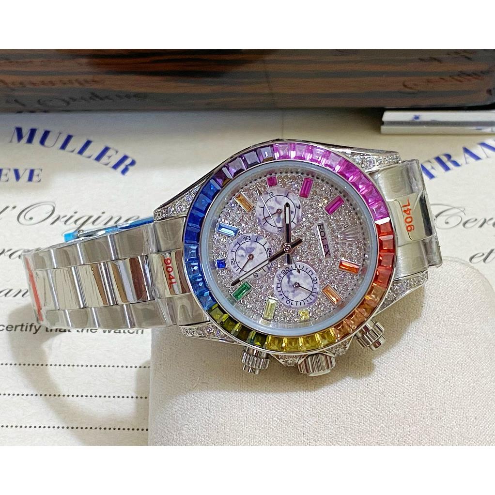 Đồng hồ Nam Rolex 6kim vành đá màu mặt đá chạy cơ máy nhật số gạch đá màu 40mm dòng cơ Automatic vỏ trắng