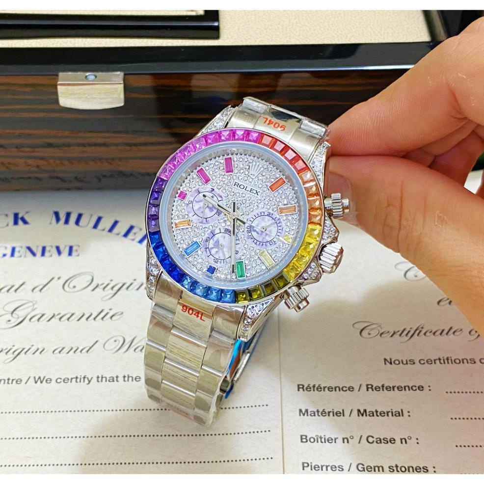 Đồng hồ Nam Rolex 6kim vành đá màu mặt đá chạy cơ máy nhật số gạch đá màu 40mm dòng cơ Automatic vỏ trắng