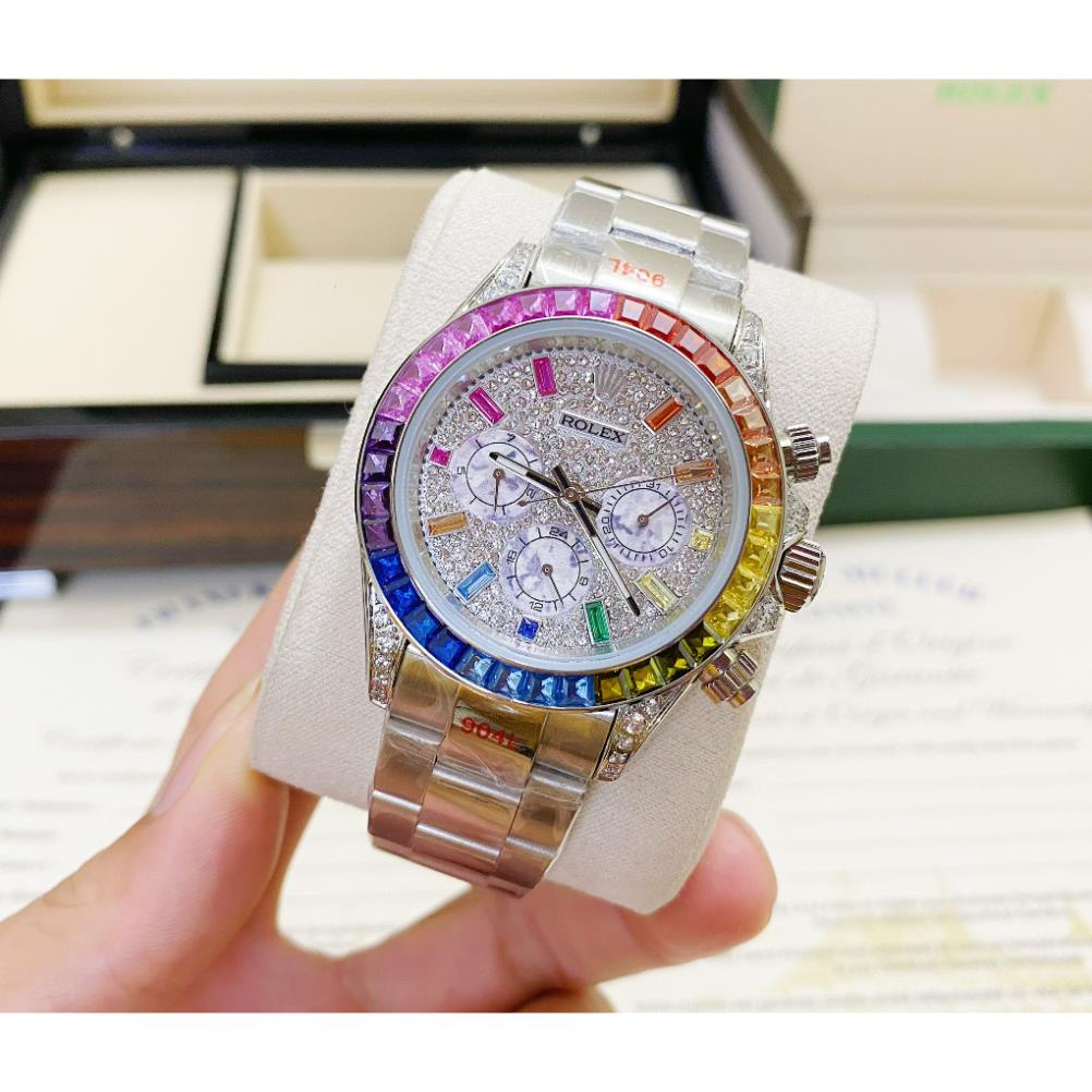 Đồng hồ Nam Rolex 6kim vành đá màu mặt đá chạy cơ máy nhật số gạch đá màu 40mm dòng cơ Automatic vỏ trắng