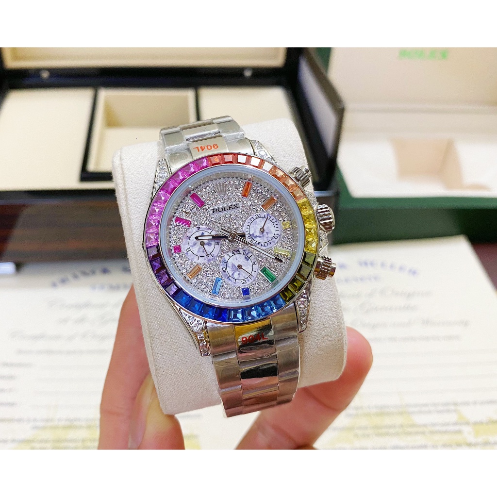 Đồng hồ Nam Rolex 6kim vành đá màu mặt đá chạy cơ máy nhật số gạch đá màu 40mm dòng cơ Automatic vỏ trắng