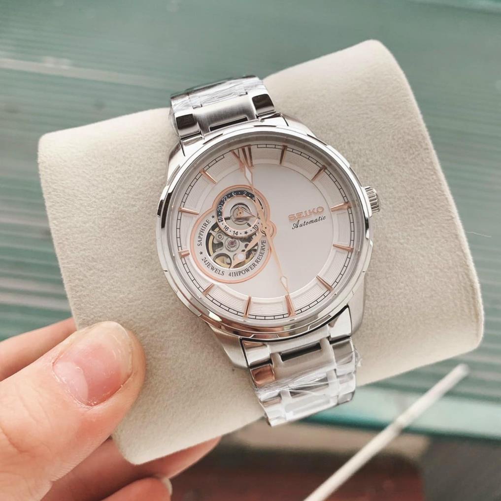 Đồng hồ Nam seiko hở mặt 4kim 24h chạy cơ automatic nhiều màu máy Nhật size 40mm dây kim loại vỏ trắng