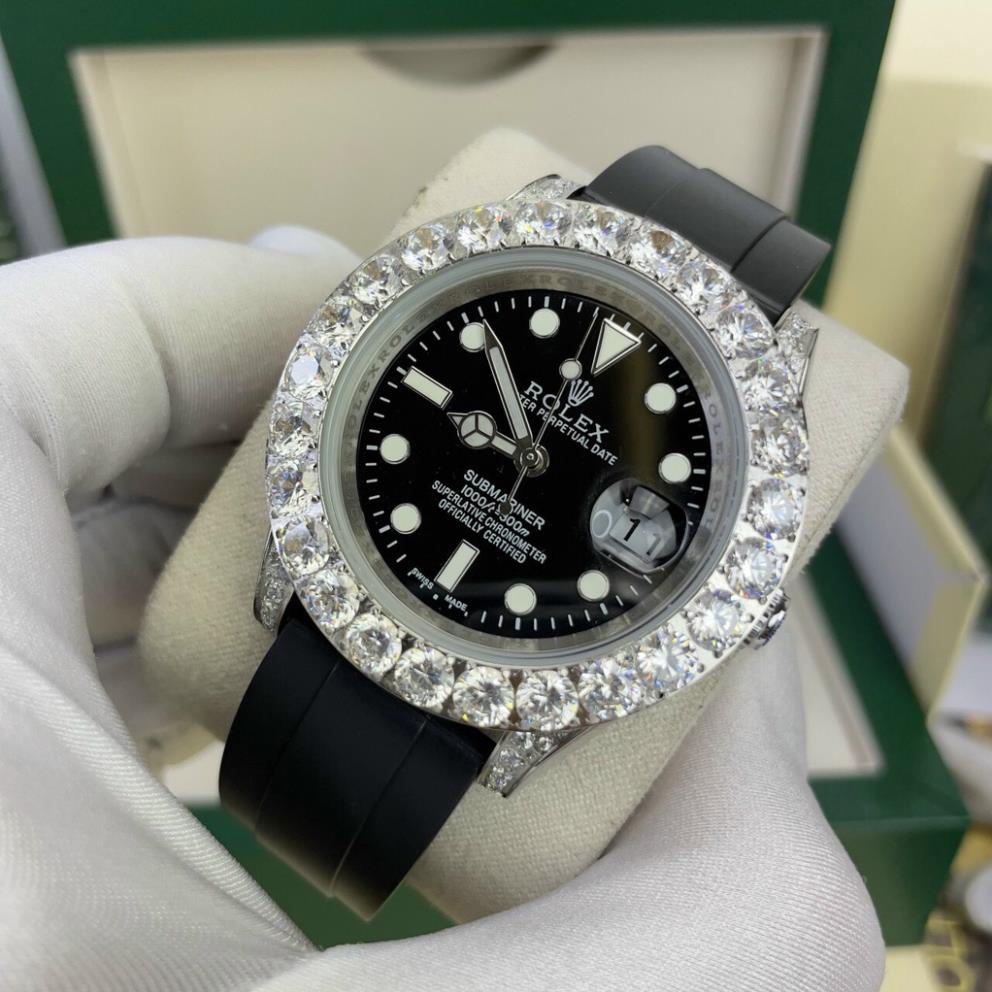 Đồng hồ Nam Rolex dây cao su máy nhật dòng cơ Automatic size 40mm mặt đen vành đá tròn