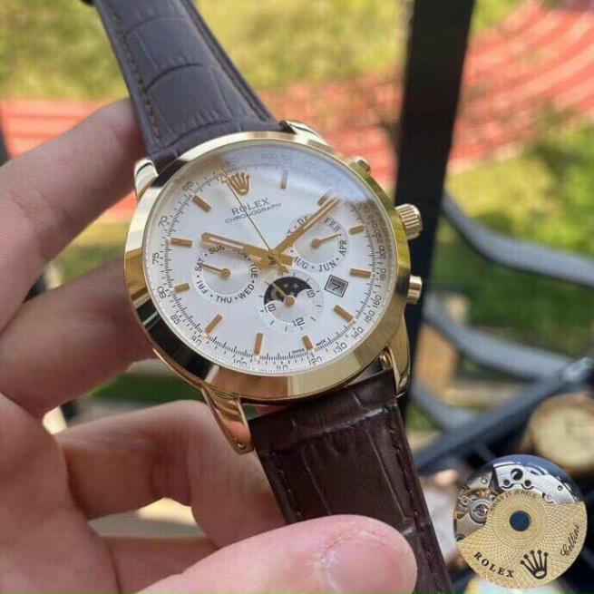 Đồng hồ Nam Rolex cơ tự động 6kim trăng sao size 40-41 dây da có thứ ngày