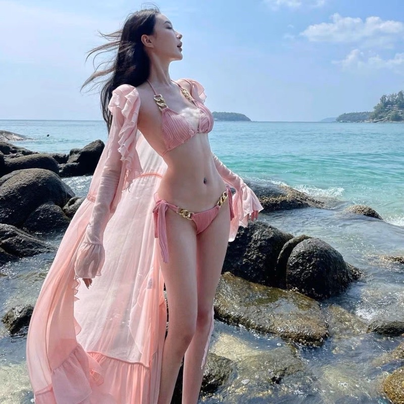 Bikini Đồ Bơi Nữ Đi Biển Thiết Kế Phụ Kiên Dây Xích Kim Loại