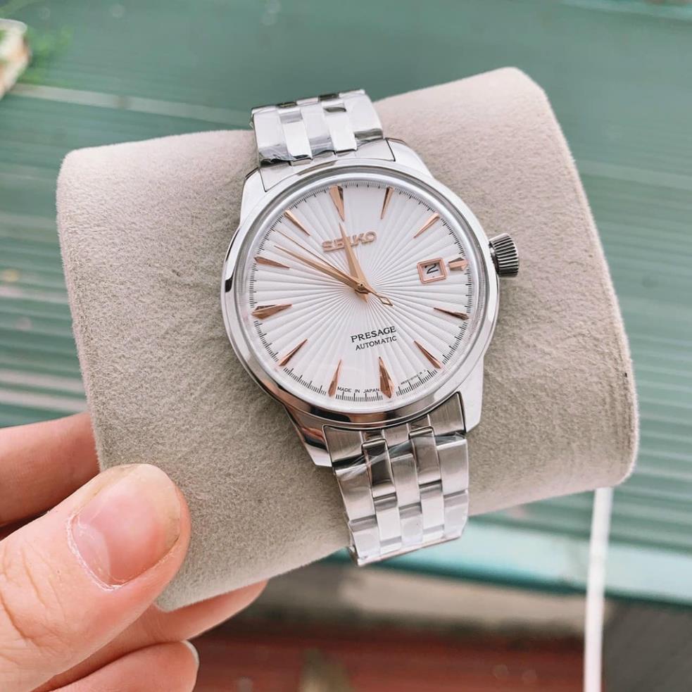 Đồng hồ Nam seiko 3kim 1lich chạy cơ automatic mặt trắng vỏ trắng nhiều màu máy Nhật size 40mm