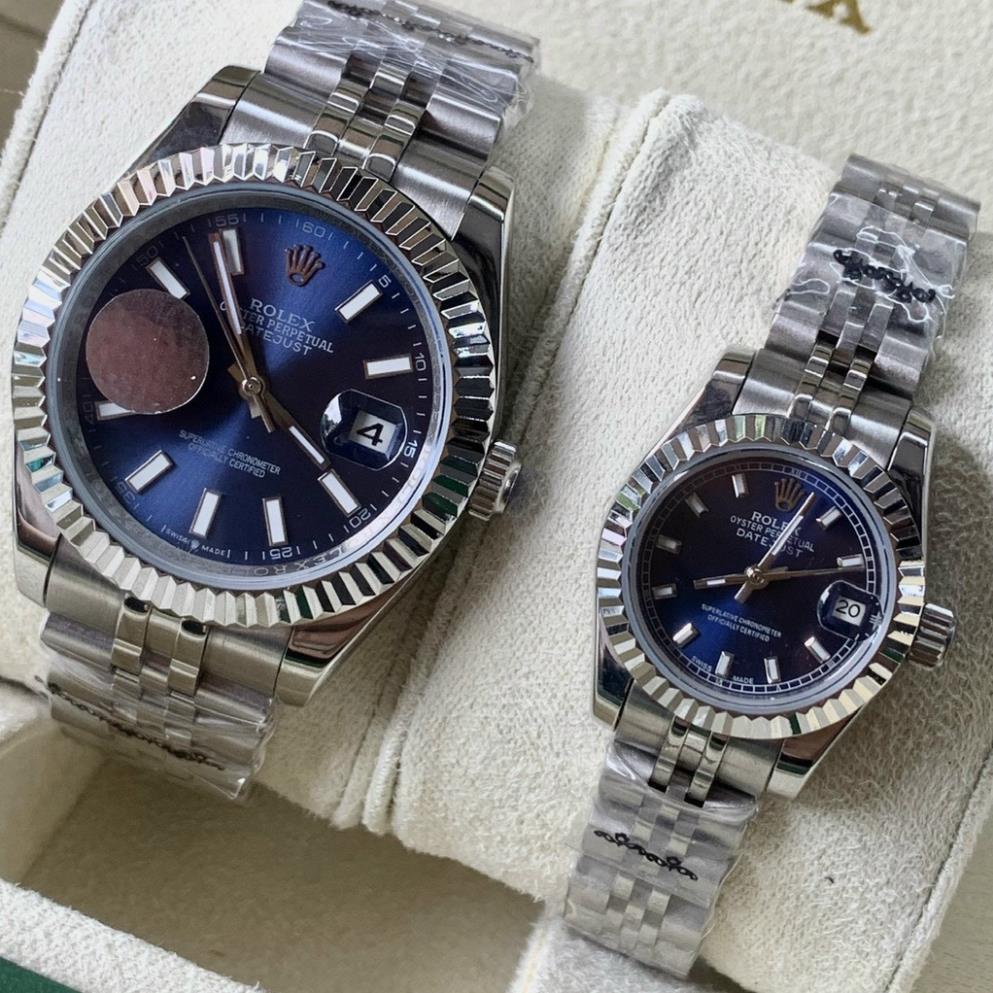 Đồng hồ đôi Nam Nữ Rolex số gạch da quang mặt xanh cơ Automatic Full Diamond size 41mmm nam- 28mm dây kim loại
