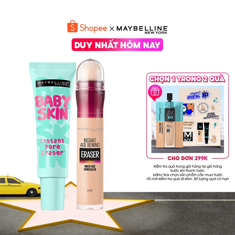 [Bộ trang điểm] Kem lót mịn da Baby Skin Primer 22ml  + Bút cushion Instant Age Rewind 6ml Maybelline New York