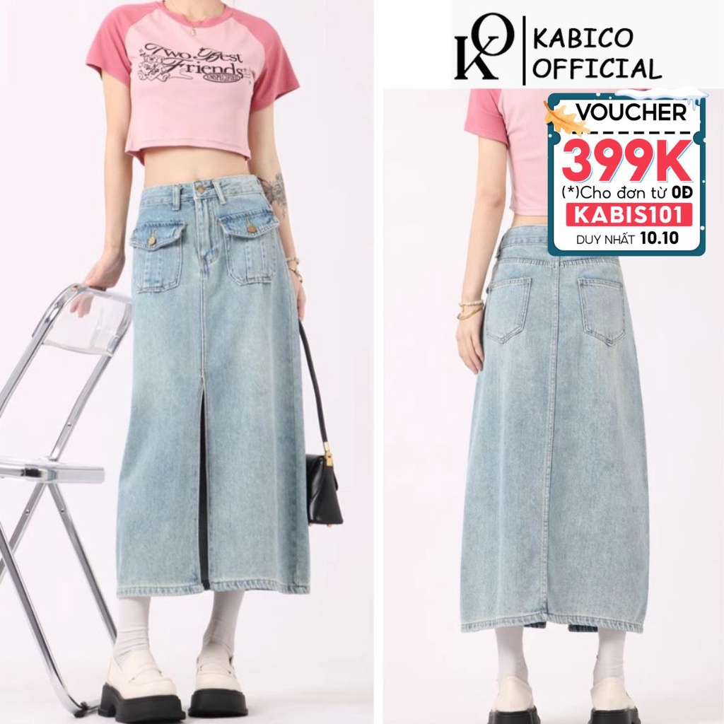 Chân váy jean nữ dài qua gối cạp cao, chân váy KABICO xẻ trước phong cách_A30