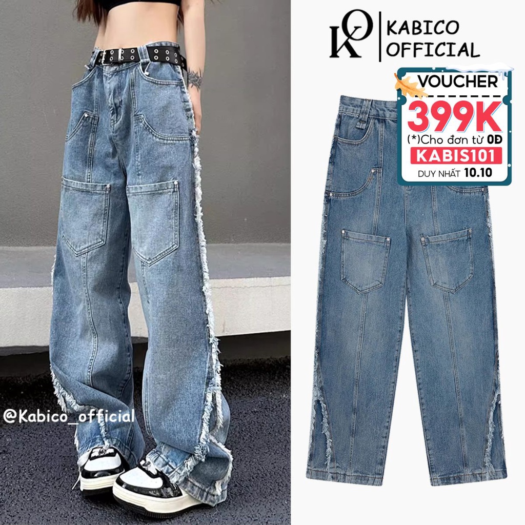 Quần jean dài unisex cạp cao ống rộng, quần jean tua rua phong cách HIPHOP_K47