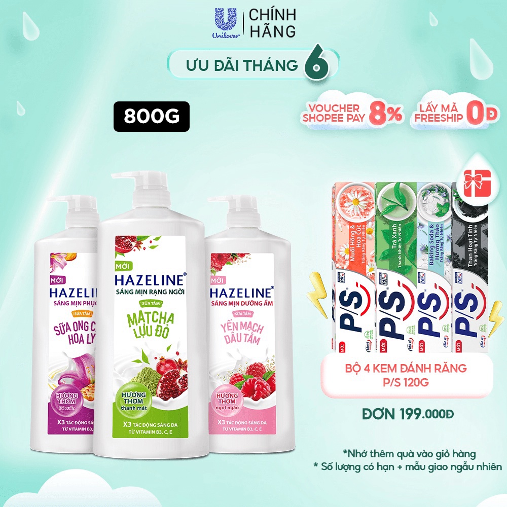 Sữa tắm dưỡng thể thiên nhiên trắng sáng da Hazeline 800g/900g