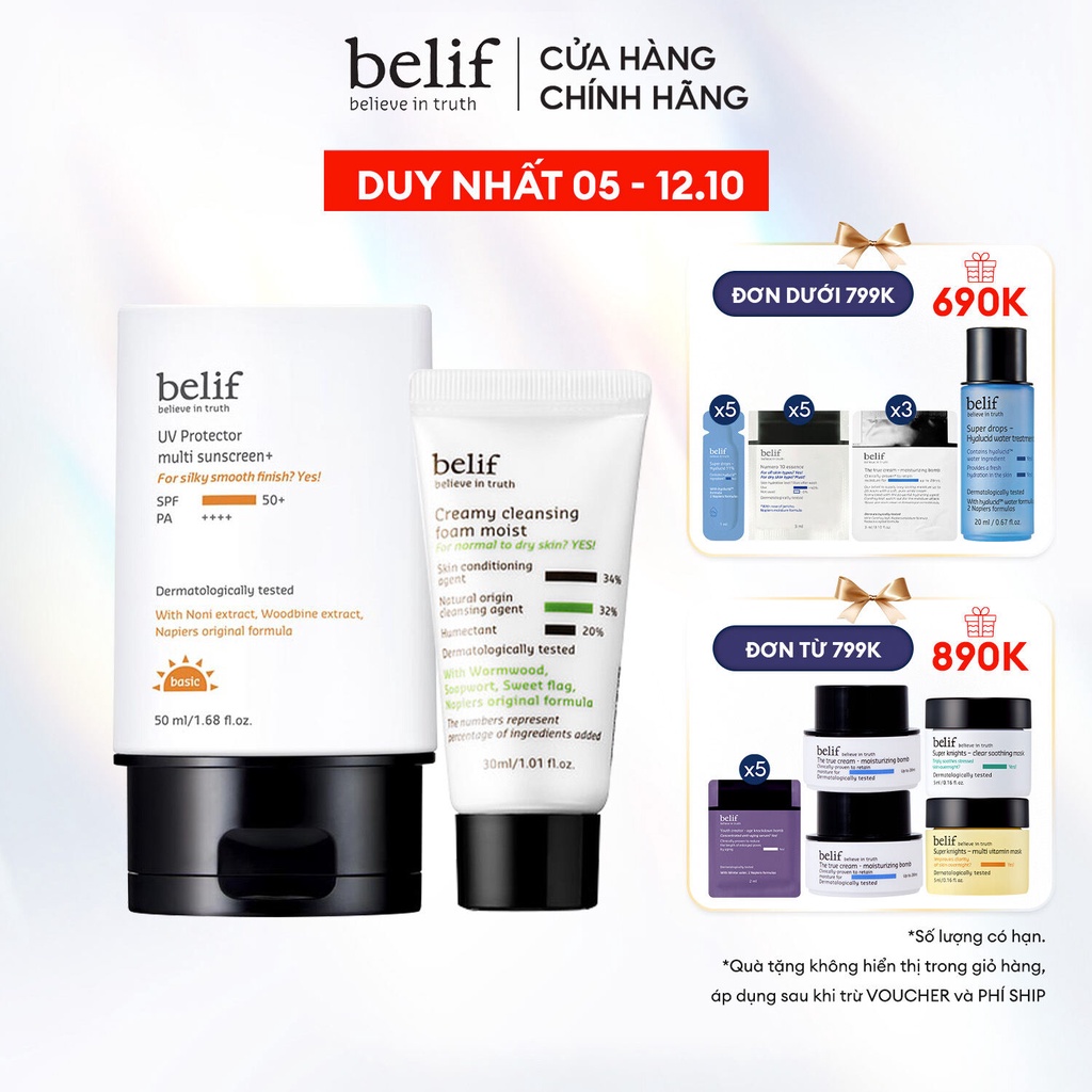 Combo chống nắng Belif UV protector Multi Sunscreen + sữa rửa mặt Creamy Cleansing Foam