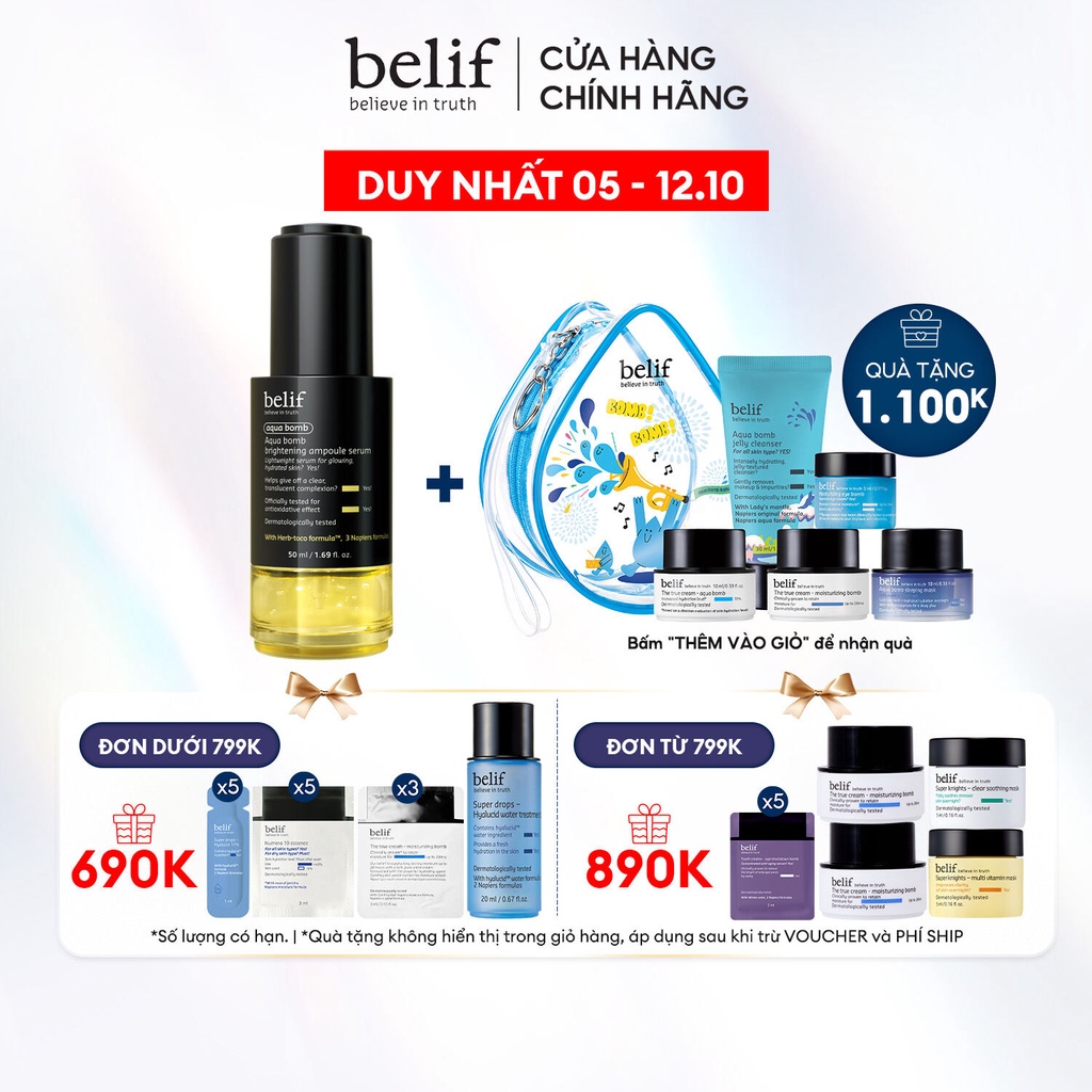 [Mã COSLUX09 giảm 120K đơn 1500K] Tinh chất dưỡng trắng da chống oxi hóa Belif Aqua Bomb Brightening Ampoule Serum 50ml