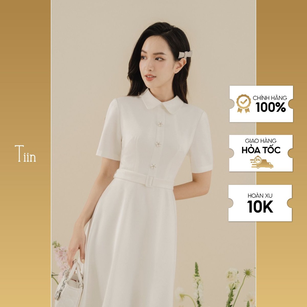 Đầm trắng dự tiệc Váy Áo sơ mi cổ đức nẹp đính khuy đai khuyên kín đáo sang trọng dầy dặn TIINSTORE VHN727
