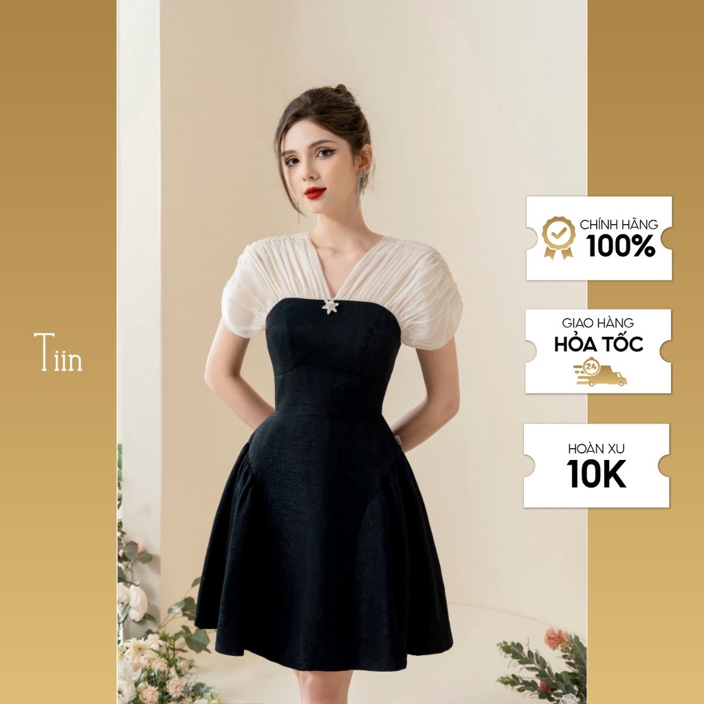 Váy cổ V đính khuy phối tơ TIINSTORE VHN822