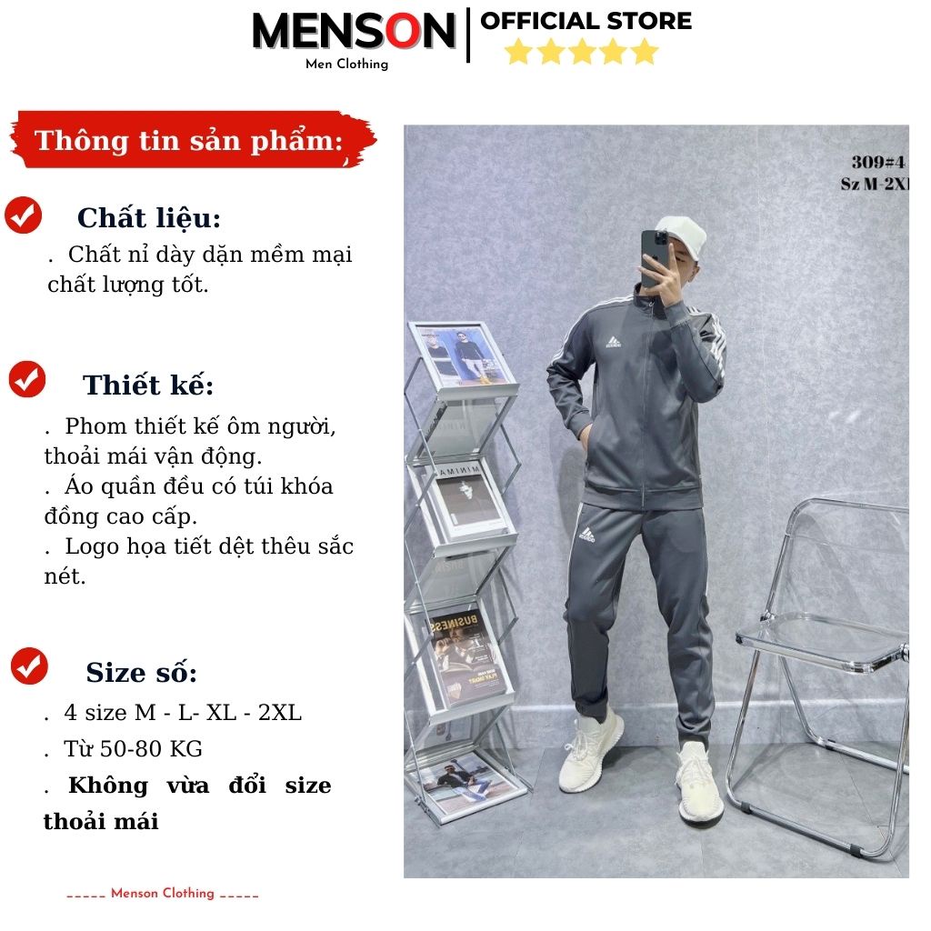 Bộ nỉ nam Adidas kéo khoá dài tay cao cấp Menson MD309 Bộ quần áo thu đông nam siêu ấm mặc nhà 2023 Hàng Xuất Dư