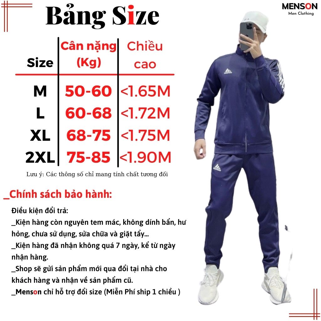 Bộ nỉ nam Adidas kéo khoá dài tay cao cấp Menson MD309 Bộ quần áo thu đông nam siêu ấm mặc nhà 2023 Hàng Xuất Dư