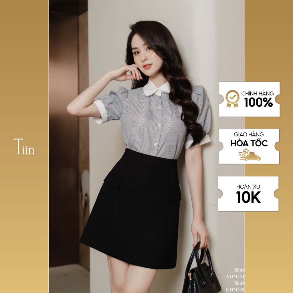 Áo sơ mi nữ phối cổ sen nơ cài chất liệu thô tăm cao cấp thoáng mát mềm mượt Tiin Store - AHN754