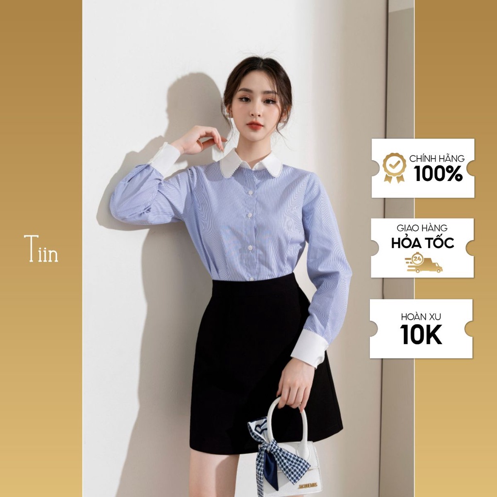 Áo sơ mi phối cổ sen viền dây hạt TIINSTORE AHD814