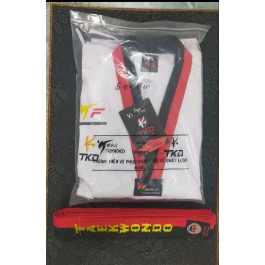 Combo Đồ Taekwondo Cổ Đỏ đen + Đai Đỏ Đen Loại Tốt