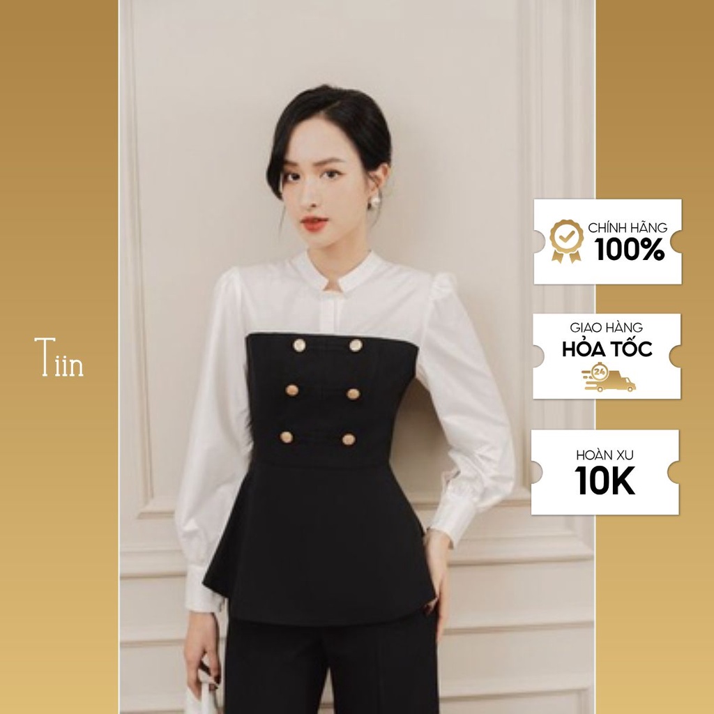 Áo sơ mi phối cổ tàu khuyết giả khuy TIINSTORE AHD693