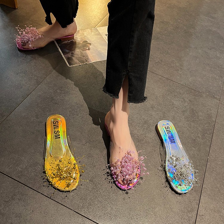 Thời Trang Dép Sandal Bít Mũi Trong Suốt Đính Hạt Bạc Siêu hot Thời Trang Mùa Hè 2023 Dành Cho Bạn Nữ