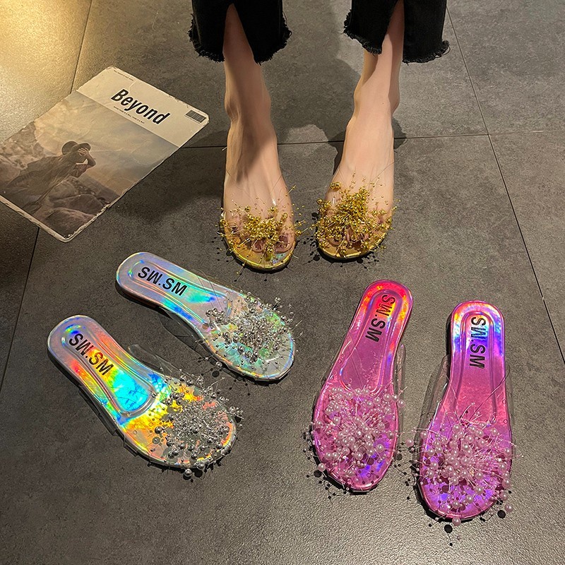 Thời Trang Dép Sandal Bít Mũi Trong Suốt Đính Hạt Bạc Siêu hot Thời Trang Mùa Hè 2023 Dành Cho Bạn Nữ