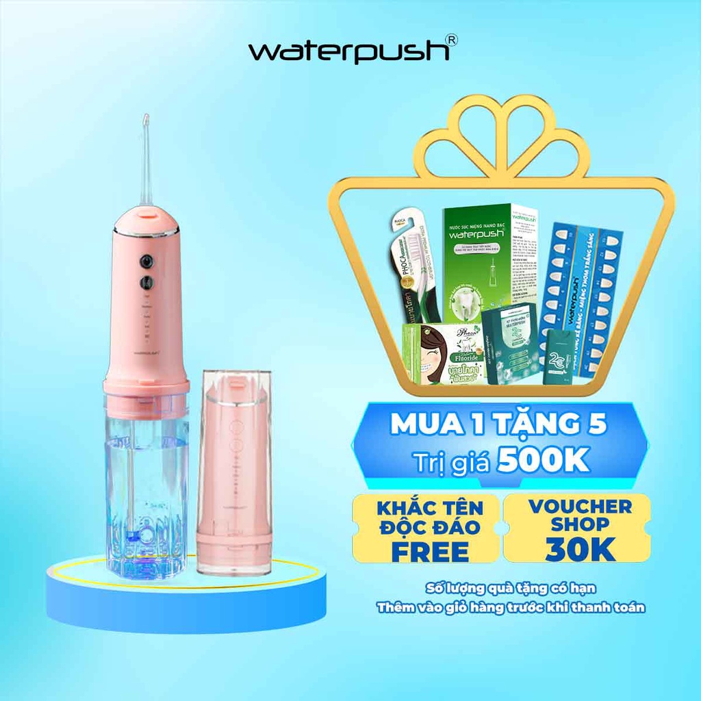 [Đèn UV Diệt Khuẩn]Máy tăm nước du lịch cao cấp WaterPush 1903 màu hồng-Siêu Nhỏ Gọn-1 đổi 1 Online trong 12 tháng