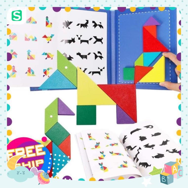 Đồ Chơi Xếp hình gỗ Tangram Nam Châm Có Kèm Sách Hướng Dẫn Cho Bé, Đồ Chơi Montessori - LittleBear