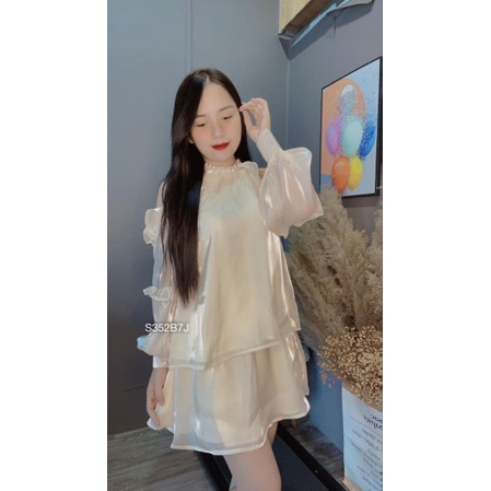 Váy Tơ Babydoll 2 Tầng Cổ Ngọc Trễ Vai Kèm Quần, Set Bộ Nữ Đi Tiệc Đi Chơi Dễ Thương Hàng Loại Đẹp