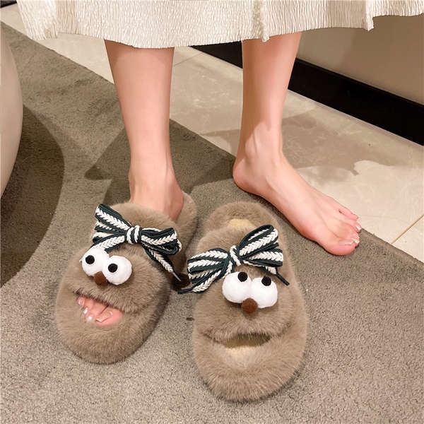 Dép Lông Xù Đế Dày Ấm Áp Hình Đôi Mắt To Thời Trang Thu Đông 2023 Dành Cho Nữ