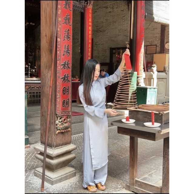 Set áo dài tràng thêu chữ AN- Bộ Phật tử truyền thống đẹp lụa cát nhung dày dặn đủ size